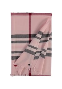 Károvaný šál v svetlo ružovej farbe s tmavo šedými a burgundskými pruhmi. Mäkká látka s strapcovými okrajmi a detailom gombíka.