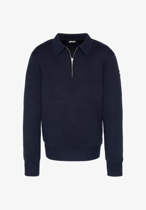 Granatowy sweter z dzianiny, z kołnierzykiem, zapinany na półsurowy zamek, z prążkowanymi mankietami i dołem. Gładki kolor z minimalnymi detalami.