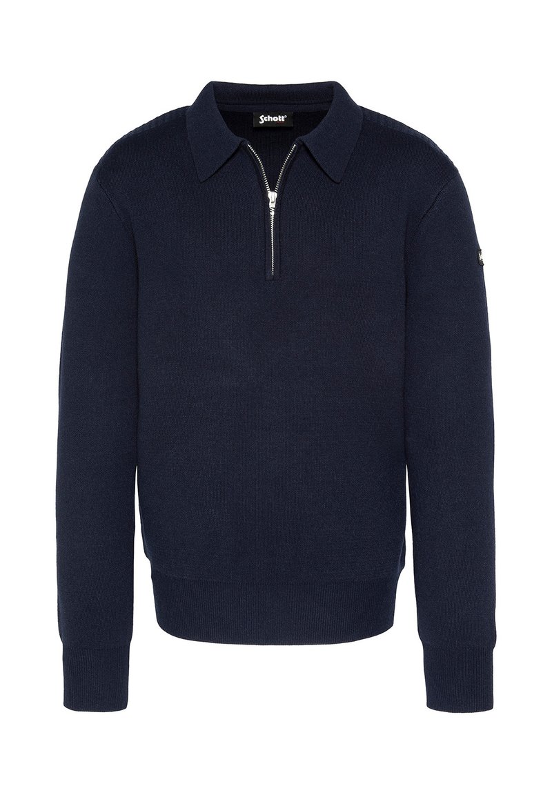 Navy Pullover-Sweater aus Strickstoff mit Kragen, Halb-Reißverschluss und gerippten Bündchen sowie Säumen. Einheitliche Farbe mit minimalen Details.