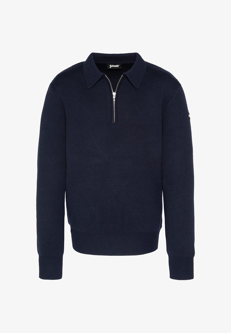 Navy Pullover-Sweater aus Strickstoff mit Kragen, Halb-Reißverschluss und gerippten Bündchen sowie Säumen. Einheitliche Farbe mit minimalen Details.