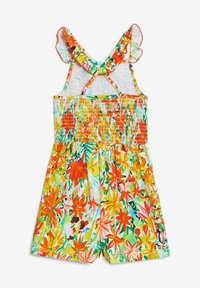 Blomstrande jumpsuit med spatulaärmar, som har livliga mönster i orange, gult och grönt. Rynkig byst med avslappnad passform och shorts.