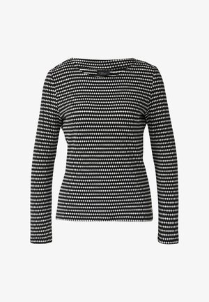 Haut à manches longues noir et blanc avec un motif géométrique en diamant, un col rond et une coupe ajustée en tissu texturé.