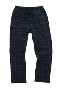 Marine gestreepte broek met een relaxte pasvorm, elastische tailleband en trekkoord. Heeft een ruitpatroon met witte accentlijnen. 
