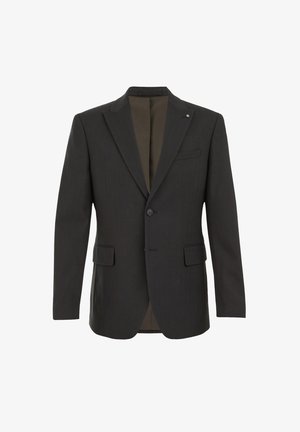 Blazer ajustado gris oscuro con solapas de muesca, dos bolsillos delanteros, cierre de un solo botón y forro interior suave. Tejido texturizado con un patrón sutil.