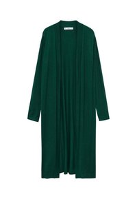 Zelený dlouhý kardigan vyrobený z měkkého materiálu, s otevřeným předním dílem, dlouhými rukávy a rovnou siluetou bez viditelných zapínání.