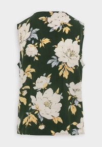 Ärmlös mörkgrön blus med stor vit och gul blommönster, rund halsringning och texturerad tyg, visad bakifrån.