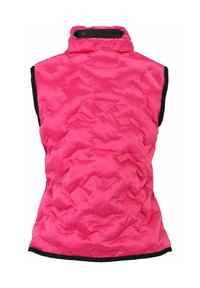 Rosa Steppweste mit hohem Kragen, ausgestattet mit einem gesteppten Design, schwarzen Armausschnitten und einer glatten, glänzenden Textur. Rückansicht, keine Verschlüsse sichtbar.