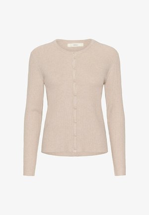 Gaiši beidzis, ribots kardigans ar garām piedurknēm, apaļu kakla izgriezumu un priekšējo pogu aizdari. Iespējas vienmērīgs apakšmalas un mīksta tekstūra.