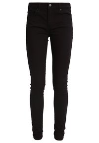 Jeans skinny negros de algodón elástico, diseñados con una cintura de altura media, cinco bolsillos y una textura suave. Presenta un botón de metal y cremallera.