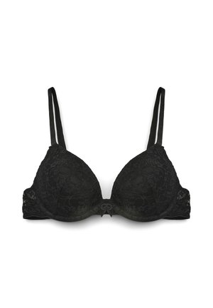 Reggiseno imbottito in pizzo nero con spalline regolabili e piccolo fiocco decorativo al centro davanti.