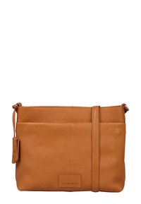 Sac à bandoulière en cuir tan avec une texture lisse, une sangle réglable et un logo de marque en relief à l'avant. Deux poches extérieures.