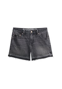 Shorts en denim noir avec une base effilochée, design à cinq poches et quincaillerie couleur cuivre. Présente une ceinture avec logo et une texture décolorée.