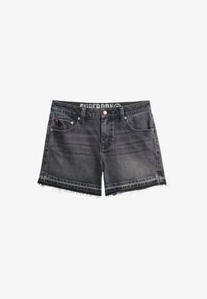 Zwarte denim shorts met een rafelige zoom, vijf zakken en hardware in kopertoon. Voorzien van een merkband en een vervaagde textuur.