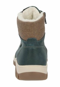 Grüner und brauner Knöchelstiefel mit strukturiertem Obermaterial, gepolstertem Kragen, seitlichem Reißverschluss und brauner Gummisohle. Innen mit weichem Material gefüttert.