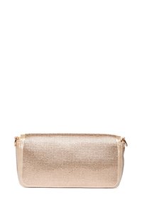 Borsa a tracolla metallica color rosé con un design a rete. Forma rettangolare, bordi lisci e chiusura con zip. Superficie texturizzata con un lieve luccichio.
