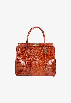 Borsa in pelle lucida marrone con stampa a coccodrillo, manici doppi, accessori in oro e tasca esterna. Forma strutturata con motivo distintivo.