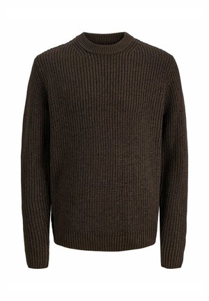 Maglione marrone lavorato a maglia con una texture a coste, collo rotondo e maniche lunghe. Il design presenta un orlo e dei polsini aderenti.