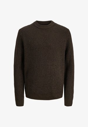 Maglione marrone lavorato a maglia con una texture a coste, collo rotondo e maniche lunghe. Il design presenta un orlo e dei polsini aderenti.