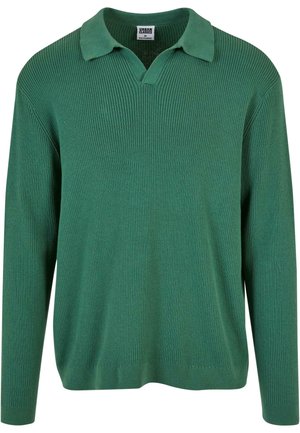 Pullover verde a coste con colletto e scollo a V. Maniche lunghe e vestibilità rilassata, realizzato in un morbido materiale a maglia. Nessun motivo notevole.