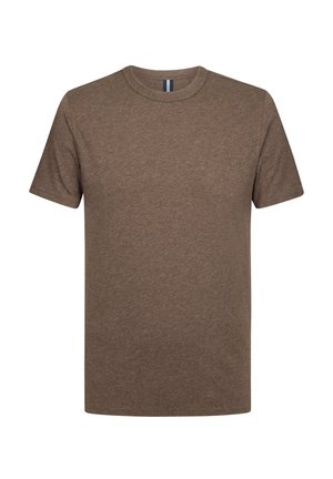 Brown short-sleeve T-shirt in a soft, textured fabric. Features a crew neckline and straight fit. No patterns or logos visible.
