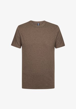 T-shirt marrone a maniche corte in un tessuto morbido e testurizzato. Presenta un colletto a giro e una vestibilità dritta. Senza motivi o loghi visibili.