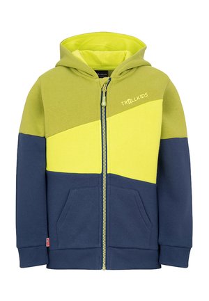 Children's hooded zip-up jacket with color blocks in olive green, bright yellow, and navy blue, featuring front pockets and "TROLLKIDS" logo.