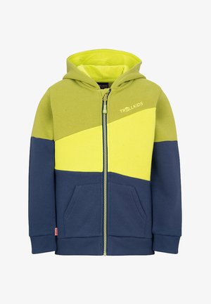Children's hooded zip-up jacket with color blocks in olive green, bright yellow, and navy blue, featuring front pockets and "TROLLKIDS" logo.