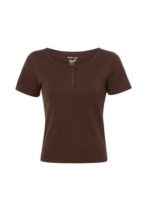 Brązowa, prążkowana, dopasowana bluzka z krótkim rękawem, okrągłym dekoltem i trzyguzikową listwą na środku przodu.