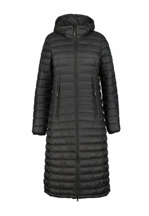 Black long puffer coat with a hood, featuring horizontal quilted pattern, front zipper, and two side pockets. Smooth, lightweight material.