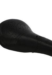 Zwarte leren fiets zadel met een ronde vorm. Beschikt over een geperforeerd patroon en een gladde textuur. Geweven detail langs de zijkant.
