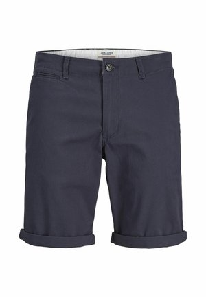 Marineblauwe katoen shorts met een knoopsluiting, riemlussen en opgerolde manchetten. Heeft een elegante, gladde textuur en een minimalistisch design.