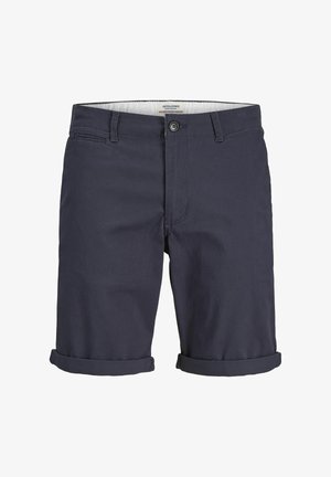 Marineblauwe katoen shorts met een knoopsluiting, riemlussen en opgerolde manchetten. Heeft een elegante, gladde textuur en een minimalistisch design.