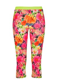 Leggings capri à imprimé floral, arborant des couleurs vives telles que le rose fluo, l'orange et le vert, avec un motif à damier et une taille en néon vert.