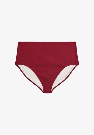 Højtaljet bikiniunderdel i tekstureret mørkerødt stof med hvidt innerfor, vist fladt på en hvid baggrund.