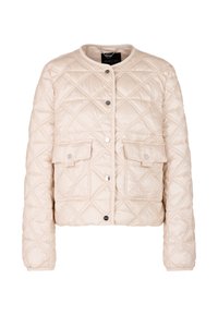 Beige gesteppte Jacke mit rundem Halsausschnitt, Druckknopfverschluss und zwei Fronttaschen. Sie hat eine puffige Textur und ein kurzes Design.