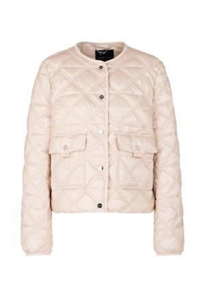 Beige gesteppte Jacke mit rundem Halsausschnitt, Druckknopfverschluss und zwei Fronttaschen. Sie hat eine puffige Textur und ein kurzes Design.