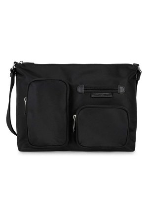 Black crossbody bag with adjustable strap, two front zippered pockets—one tall and rectangular, one smaller and square.