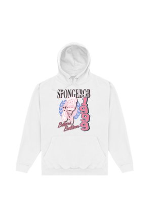 Sweat à capuche blanc avec un graphisme rose et bleu de Bob l’éponge faisant du vélo, texte « SPONGEBOB », « 1999 » et « Bikini Bottom ».
