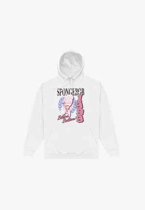 Biała bluza z kapturem z różowo-niebieską grafiką SpongeBoba jadącego na rowerze, tekst "SPONGEBOB," "1999" oraz "Bikini Bottom."