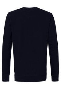 Sweat-shirt noir à manches longues avec poignets et ourlet côtelés, montré de dos sur un fond blanc.
