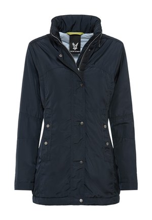 Damenjacke in Marineblau mit Reißverschluss und Knopfleiste, mittellang, mit hohem Kragen und seitlichen Taschen, leicht und tailliert geschnitten.