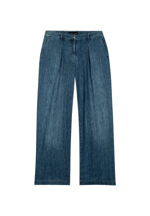 Weite Jeanshose aus Denim in Dunkelblau. Hergestellt aus Denim-Material mit einer leicht verwaschenen Textur. Verfügt über Vorderfalten und seitliche Taschen.