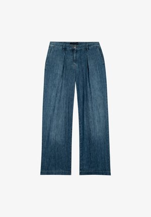 Weite Jeanshose aus Denim in Dunkelblau. Hergestellt aus Denim-Material mit einer leicht verwaschenen Textur. Verfügt über Vorderfalten und seitliche Taschen.