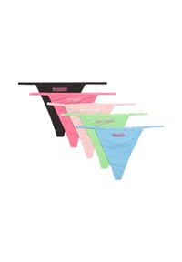 Set van vijf slipjes in zwart, roze, lichtroze, groen en blauw. Elk model heeft een dag van de week afgedrukt in contrasterende kleuren.