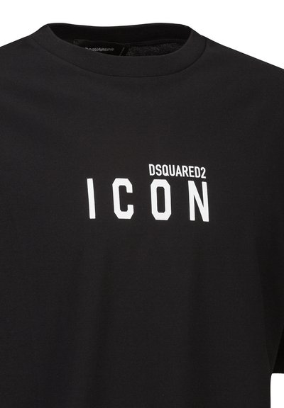 Schwarzes Baumwoll-T-Shirt mit Rundhalsausschnitt und weißem "DSQUARED2 ICON" Grafikdruck auf der Vorderseite. Glatte Textur, legerer Schnitt.