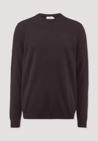 Schwarzer Strickpullover mit Rundhalsausschnitt, langen Ärmeln und gerippten Bündchen. Glatte Textur und schlichtes Design für Vielseitigkeit.