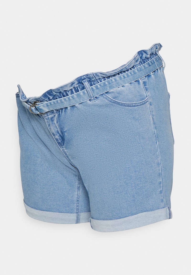 Bermudas de ganga com um tom azul claro, apresentando uma bainha dobrada, cintura elástica e bolsos frontais tradicionais. Tecido liso, ligeiramente texturizado.