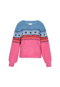 Bunter gestrickter Pullover mit einem blauen Oberteil, einem pinken Körper und mehrfarbigen Rauten- und Zickzackmustern. Gerippte Bündchen und Saum.