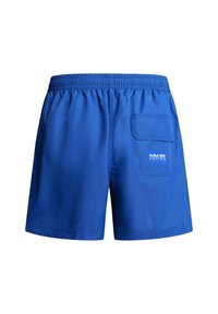 Shorts à taille élastique bleue avec poche arrière ornée du logo Red Bull Racing et détails cousus sur fond blanc.