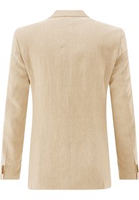 Beige linen blazer with a textured finish, single back vent, and two-button cuff detail, featuring a classic notched collar design.